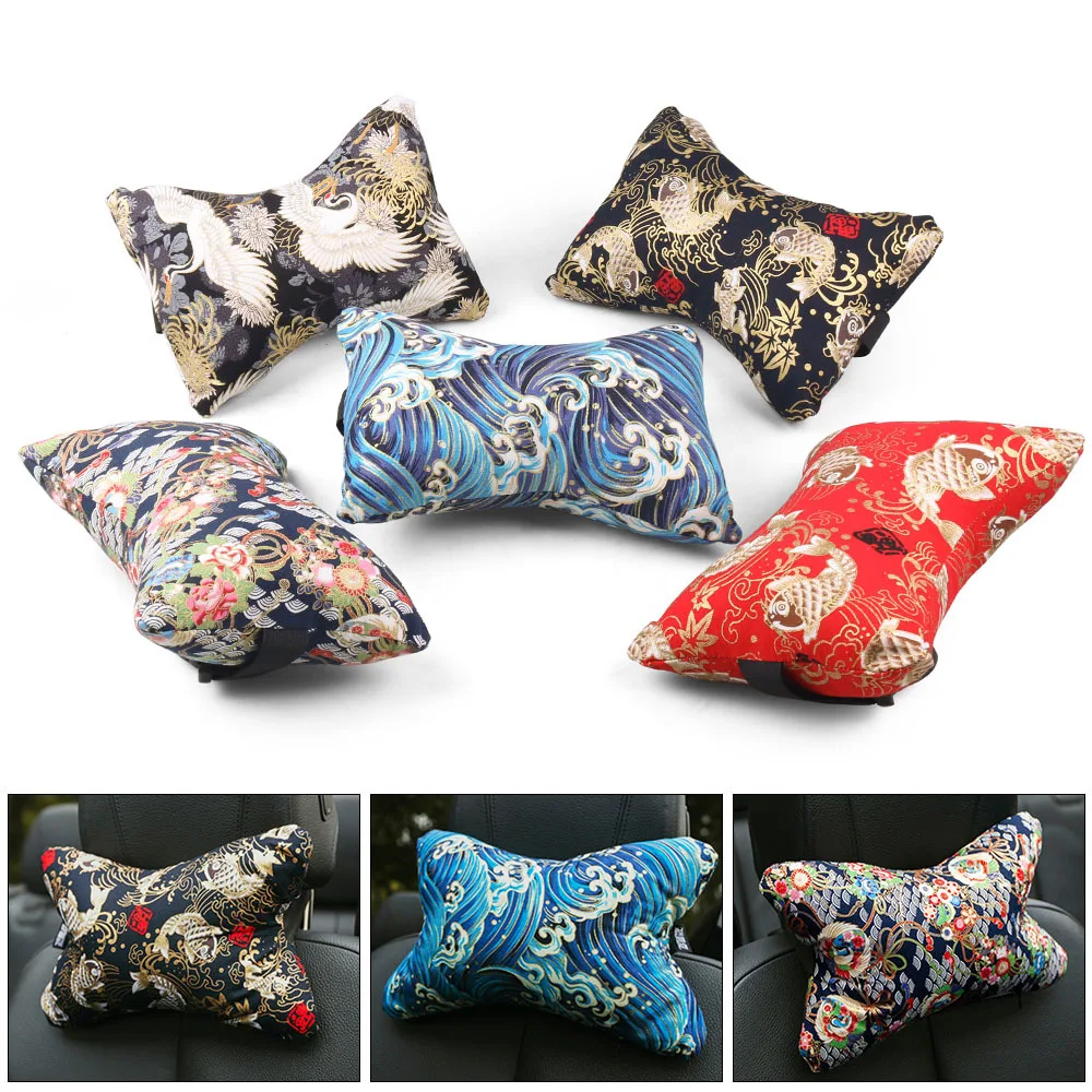 1PCS JDM Japanese Ukiyo-e Car Seat Head Neck Rest Pillow Car Cover Vehicular Pillow Seat Headrest Accessories