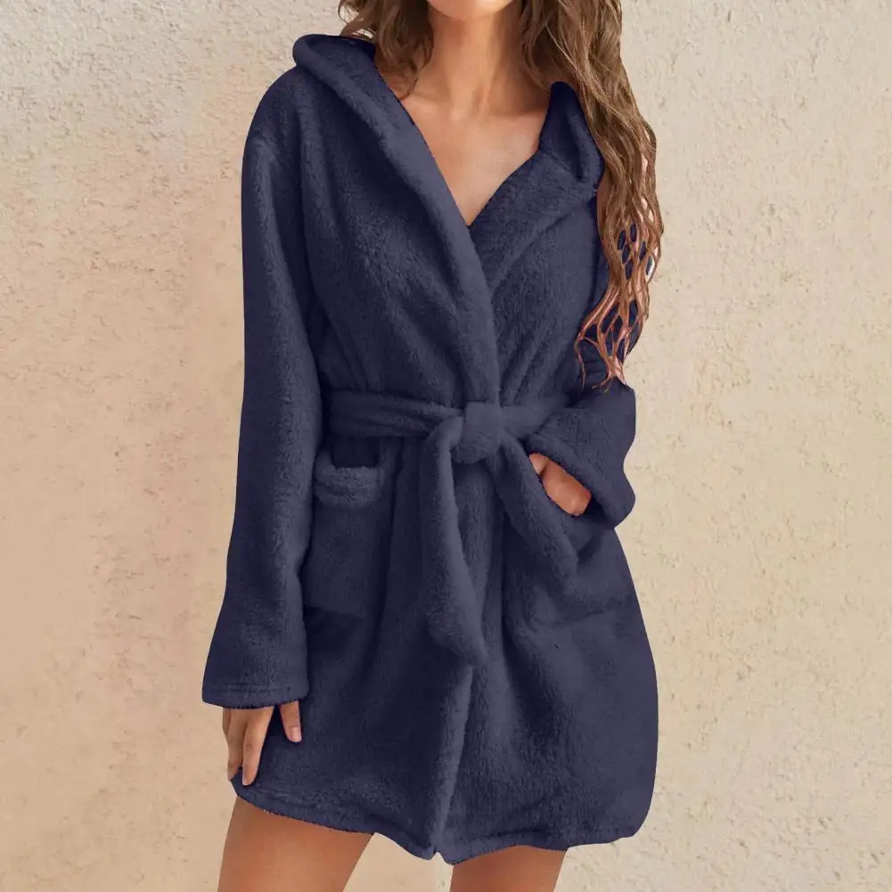 Plush Women Bathrobe Lace Up Winter Sleeping Gown Robes Sleepwear Cardigan Tight Waist Plush Water Absorption Nightgown