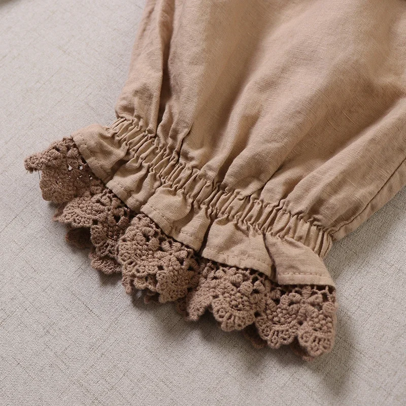100% Cotton Linen Female Vintage Victorian Loose Bloomers Pants Prairie Old Time Retro Mori Girl Ruffled Lace Lolita Pantaloons