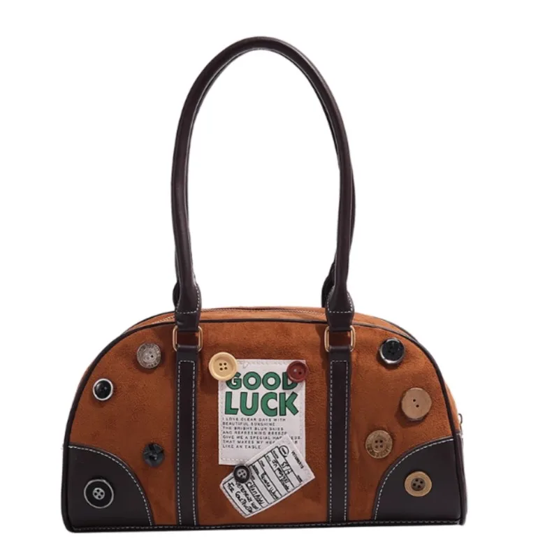 JIAERDI Retro Label Button Design Handbag Women Maroon Patchwork Brown Shoulder Bag Ladies Fashion Cute Boston Crossbody Bag New