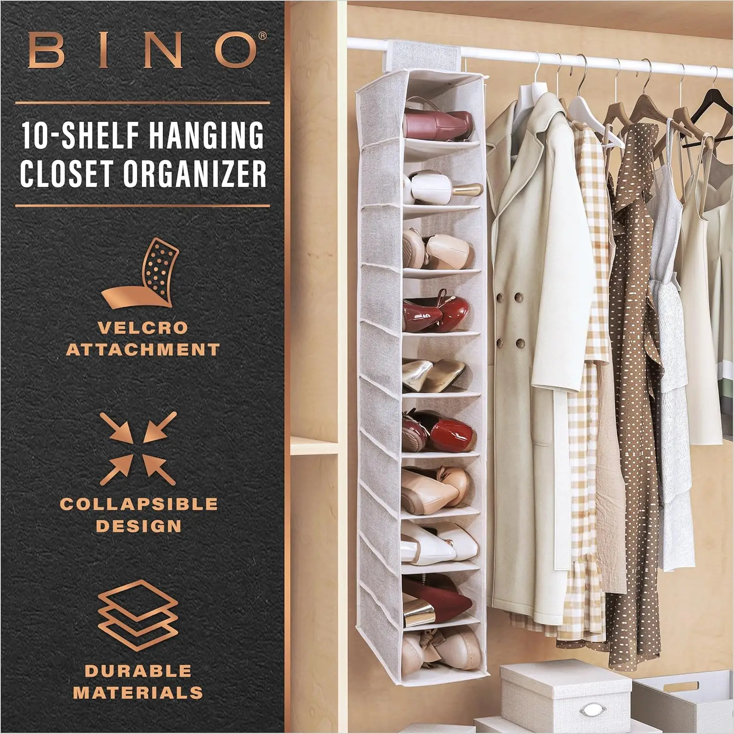 Shoe organizer hooks on closet rod