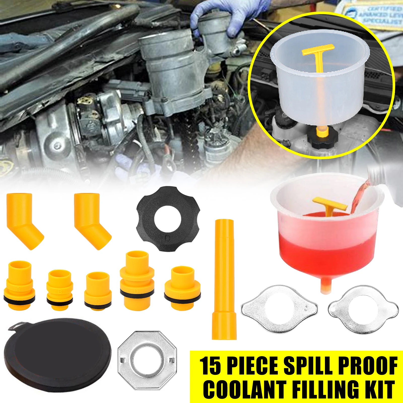 15Pcs/Set Spill Proof Funnel Kit Car Radiator Coolant Filling Funnel