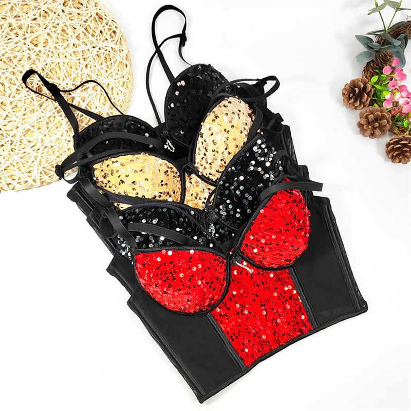 Mesh Velvet Sequined Women Crop Top Sexy Sleeveless Corset Camisole Summer Slim Skinny Bra Embroidery Ladies Sling Tube Top