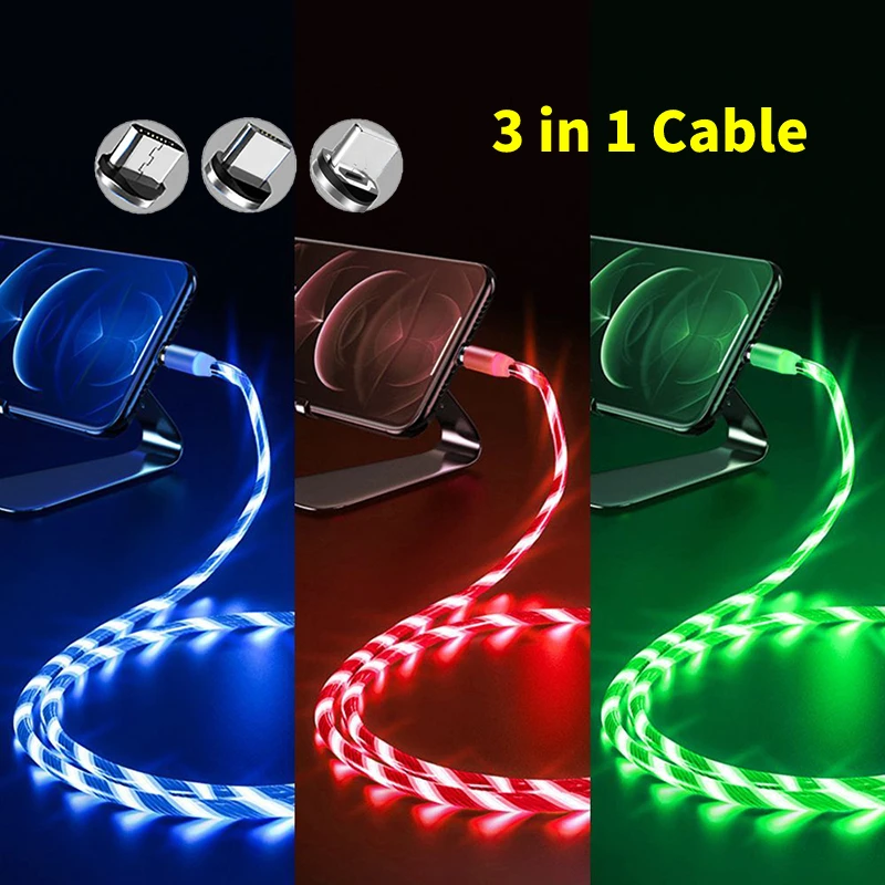 

3 IN 1 Glowing LED Light Phone Charger Luminous Cable For Iphone 14 Samsung Xiaomi OPPO Phone Accessories Charge USB Type C Cord