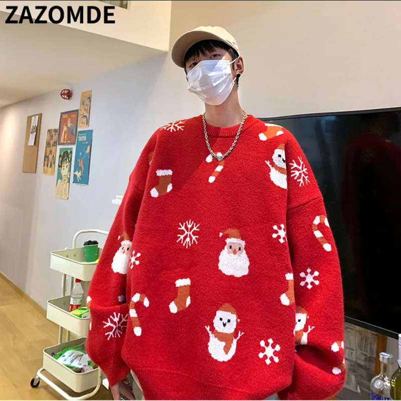 

ZAZOMDE Men Oversized Christmas Sweater 2022 Mens Red Korean Fashion Knitted Sweater Man Harajuku Vintage Santa Claus Pullovers
