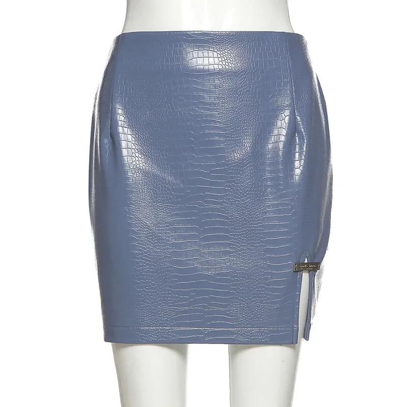 Faux Leather Split Y2k Gothic Skirt Autumn Winter Solid Blue High Waist Casual Slim PU Mini Skirts Streetwear Women Mujer Faldas