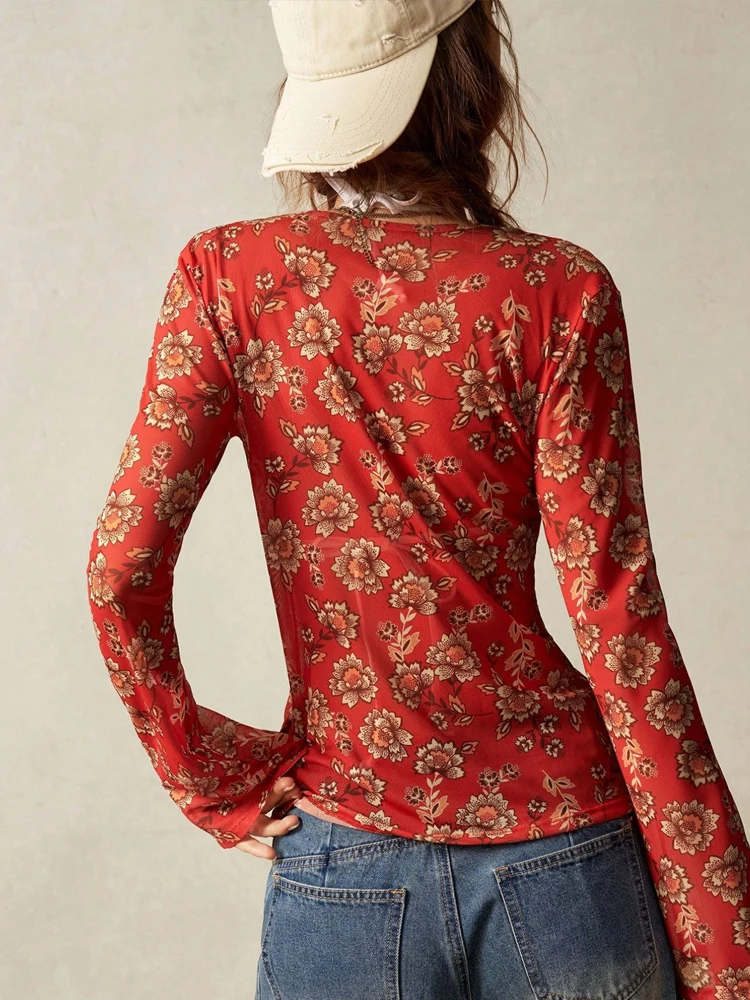 Spring and Summer New Printed Women's Lapel Cardigan Long-sleeved Shirt Fashionable Slim-fit Retro Button Commuter Casual Blouse