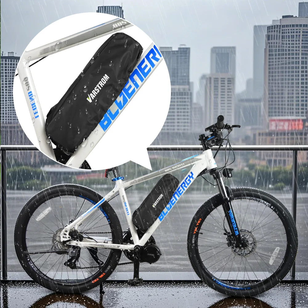 Varstrom waterproof and anti-mud ebike battery protective cover installed on a Hailong downtube battery