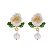  Temperament Enamel Resin Flower Earrings for Women Gold Color Alloy Crystal Long Drop Dangle Earrings Party Jewelry Pendientes 