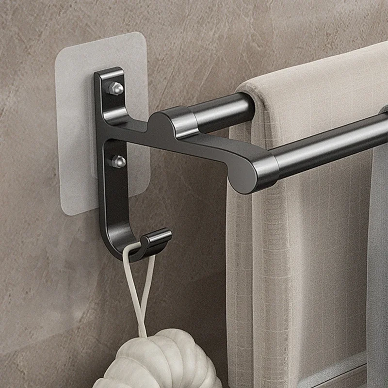 40/50/60CM No-Nail Bathroom Towel Bar Bathroom Accessories Towel Holder Aluminium Double Bar 2 Tier Shower Hand Holder