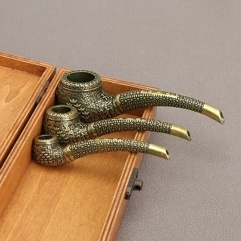 Retro Pure Copper Pipe Miniatures Antique Chinese Carved Brass Smoking Gun Pipe Tobacco Home Office Desk Decor Crafts Ornaments
