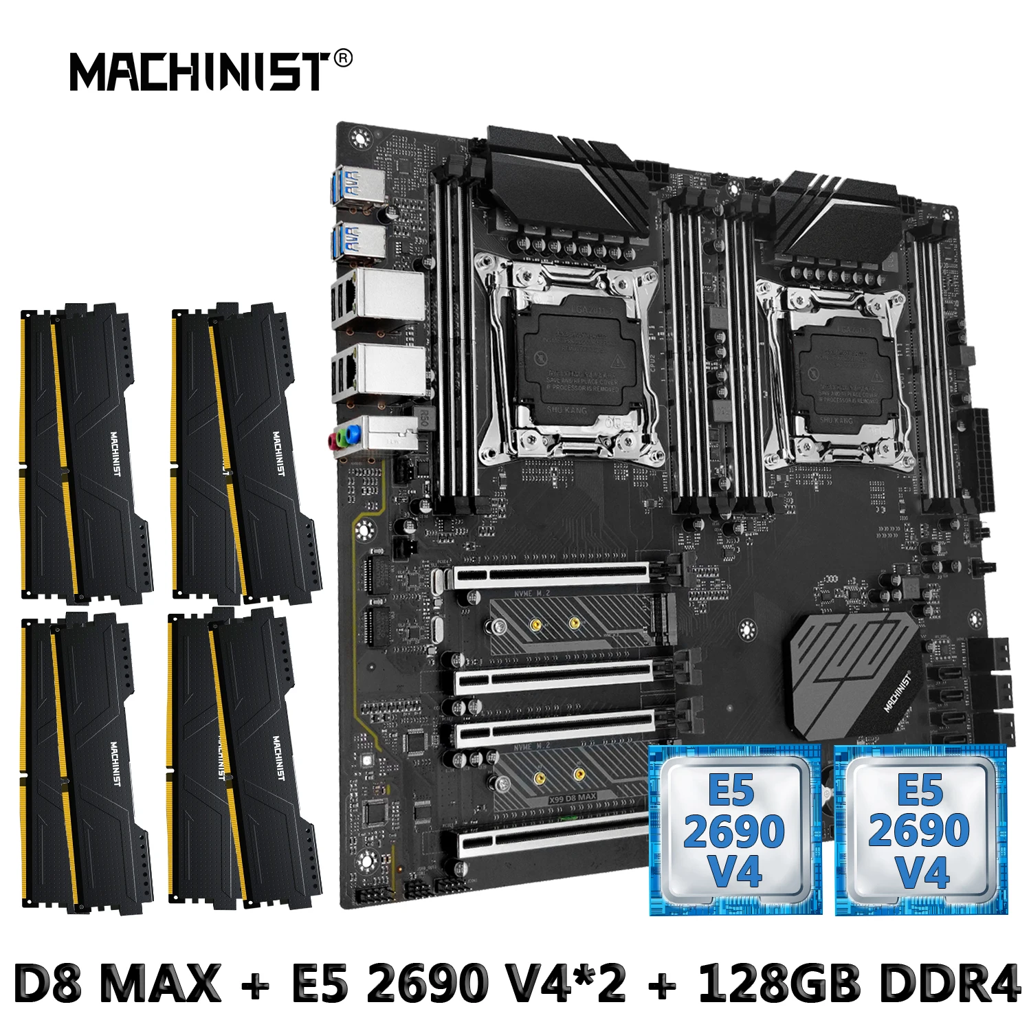 

MACHINIST X99 Dual Cpu Combo Motherboard LGA 2011-3 Xeon E5 2690 V4 Kit CPU*2pcs DDR4 128GB RAM Memory USB3.0 NVME M.2 D8 AMX