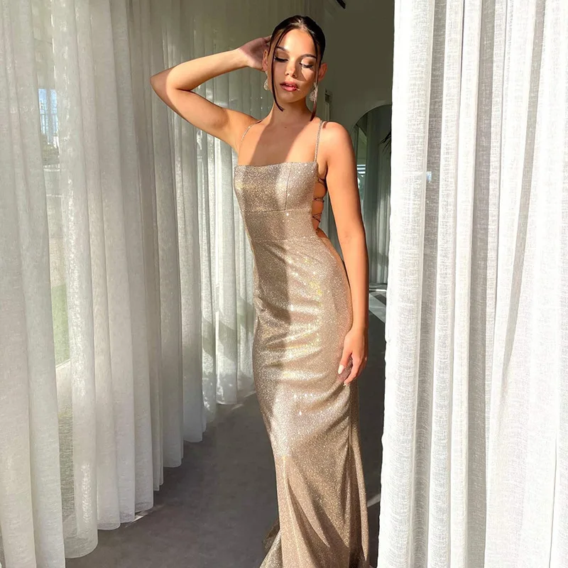 Glitter Backless Fashion Long Dress Women's Bandage Sexy Autumn Slim Sparkle Lace-Up Dress Ladies Party Dress Solid