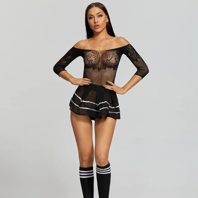 

SKMY Summer Clothes For Women 2023 New Hollow Out Off Shoulder Sexy See-Through Mesh Dress Nightclub Party Black Short Dresses