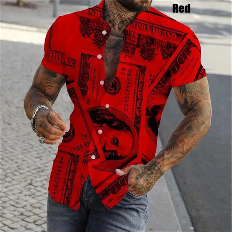 thumbnail image 1 of Camisas con estampado 3D de dólares para hombre, camisas casuales de verano de manga corta ajustadas con botones, blusas y tops para hombre, 1 of 5