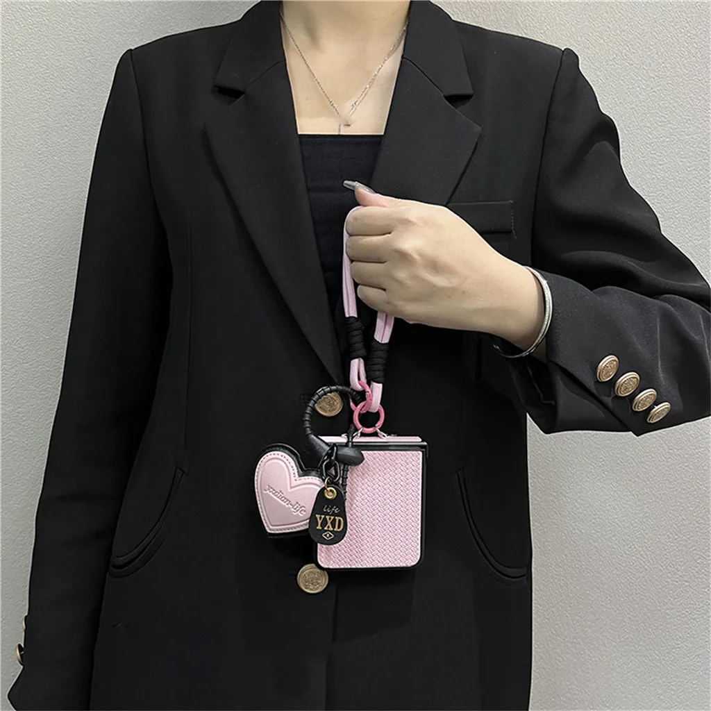 Korean-Inspired Pink Irregular Pattern Leather Phone Case with Love Heart Pendant