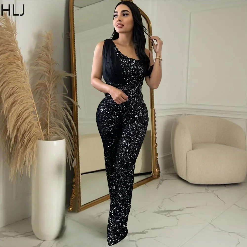 HLJ Sexy Sequin One Shoulder Party Nightclub Jumpsuits Women Sleeveless Slim One Piece Playsuits Fashion Female Matching Overall