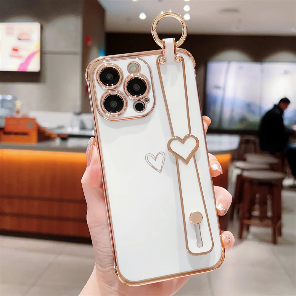 Elegant Love Heart Silicone Case with Wrist Strap - Fashion Plating Design and Soft Protective Cover