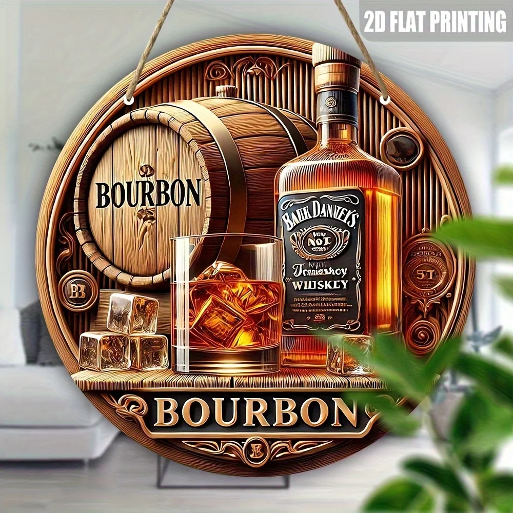 2D flaches Bourbon-Whisky-Wandkunstschild – Retro-Rundbardekoration aus Holz, geeignet zum Aufhängen an Terrassen und Räumen