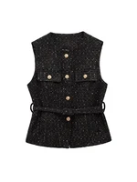 Women's Tweed Waistcoat with Belt, O Neck, Sleeveless, Front Button, Female Outerwear, Chic Tops, Fashion - Image 6