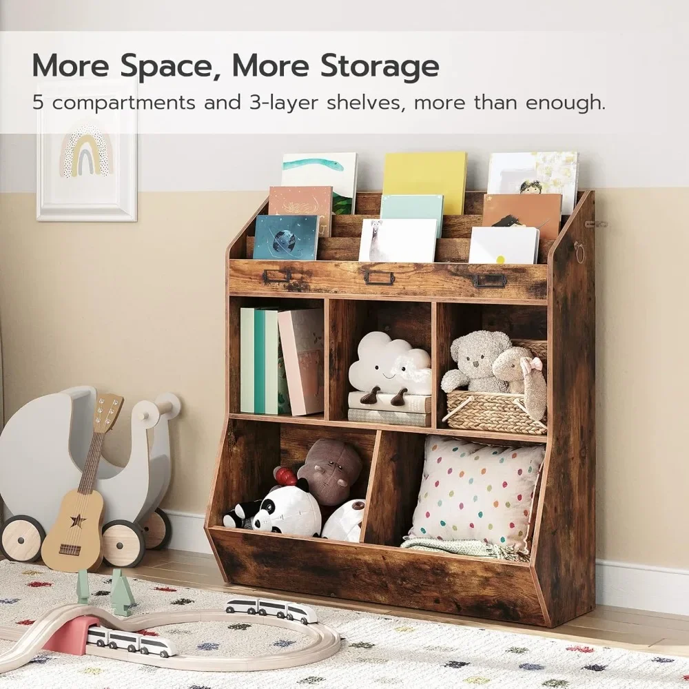 Kids Bookshelf, Toy Storage Organizer, Bookshelf for Kids, 5 Compartments and 3-Layer Shelves, Bookcase Footboard 4
