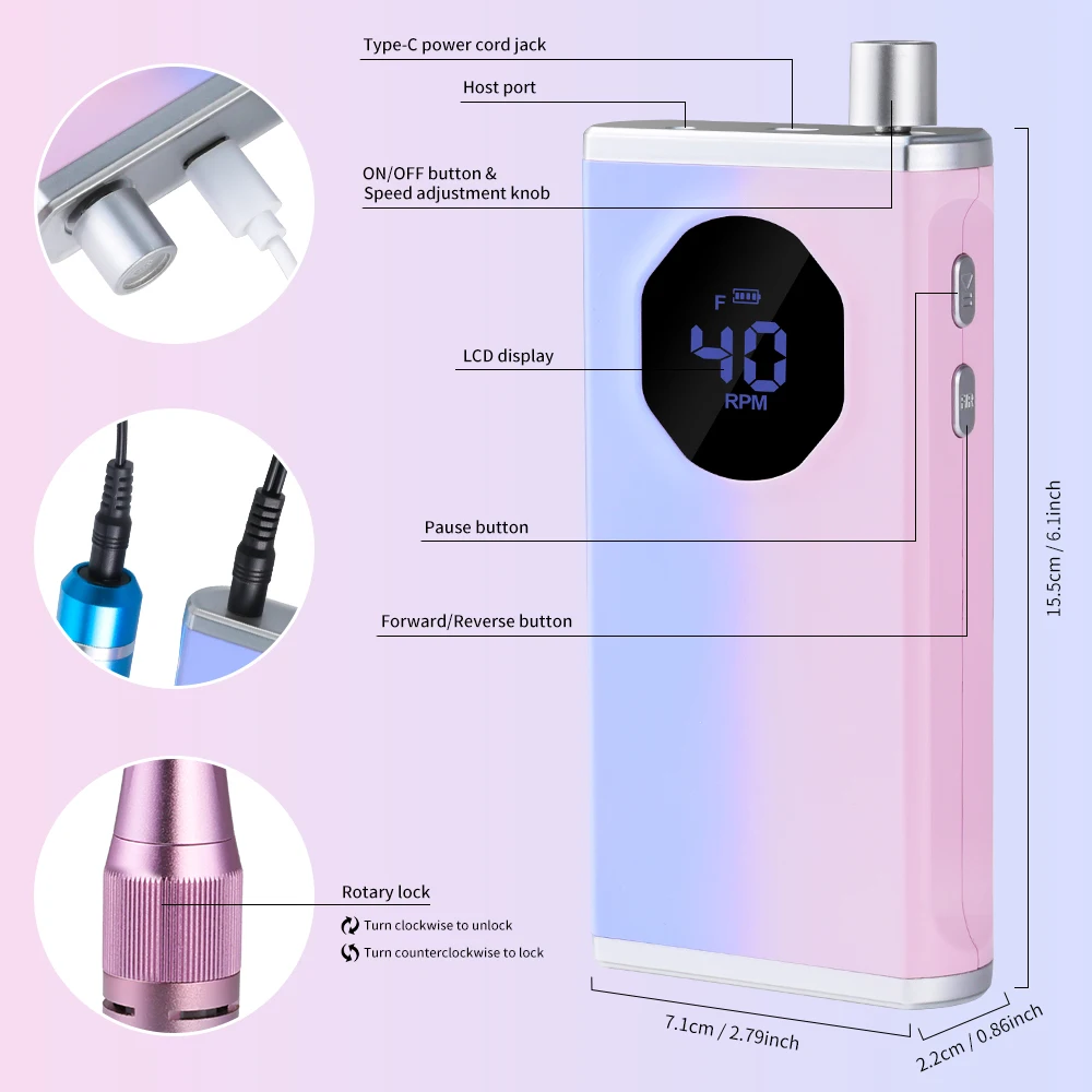40000 RPM Electric Nail Drill Machine for Nails Electric File HD Display Metal Manicure Pen Professional nail lathe Sander 4