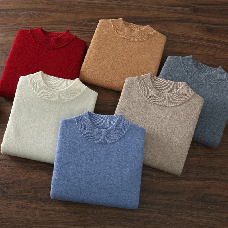 100% high-quality cashmere men's autumn and winter pullover, semi high neck classic versatile warm sweater jacket 2