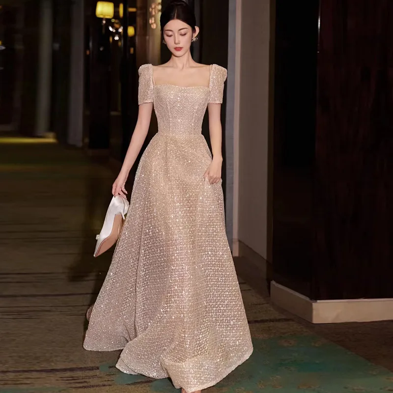 

Женское вечернее платье с розовыми блестками, простое свадебное платье с квадратным вырезом и открытой спиной, изысканное блестящее платье для выпускного вечера