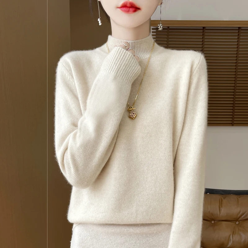 One Line Half Height 100% Andy Velvet Knitted Sweater For Women's Autumn And Winter New Top, Loose Long Sleeved Basic Style GH79 4