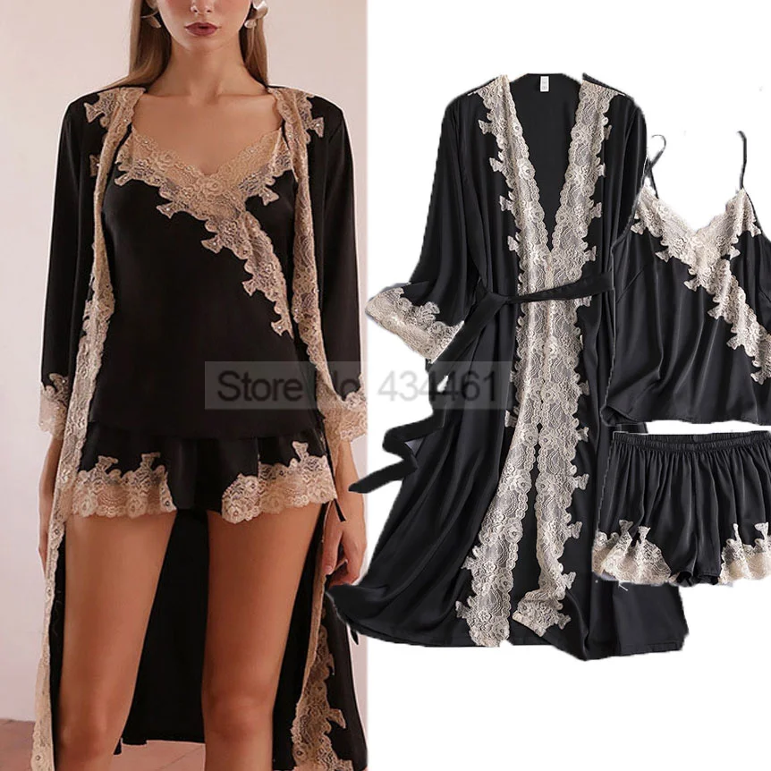 Patchwork Nightgown Kimono Robe Gown Suit With Shorts Lace Three Pieces ...