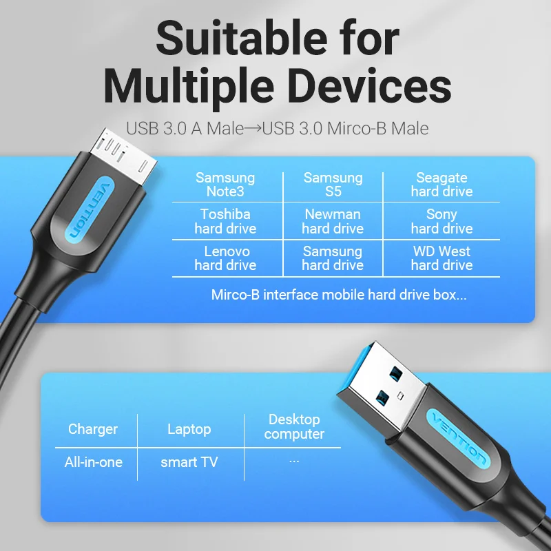 Vention Micro USB 3.0 cavo 3A caricabatterie rapido cavo dati cavi per telefoni cellulari per Samsung Note 3 S5 Toshiba Sony cavo Micro B USB