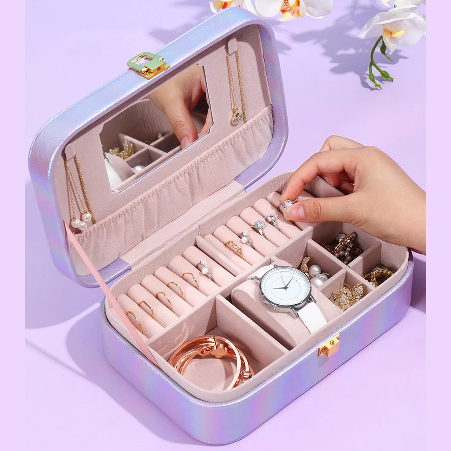 1PC Mini Jewelry Organizer Display Travel Jewelry Zipper Case Boxes Earrings Necklace Ring Portable Jewelry Box Leather Storage