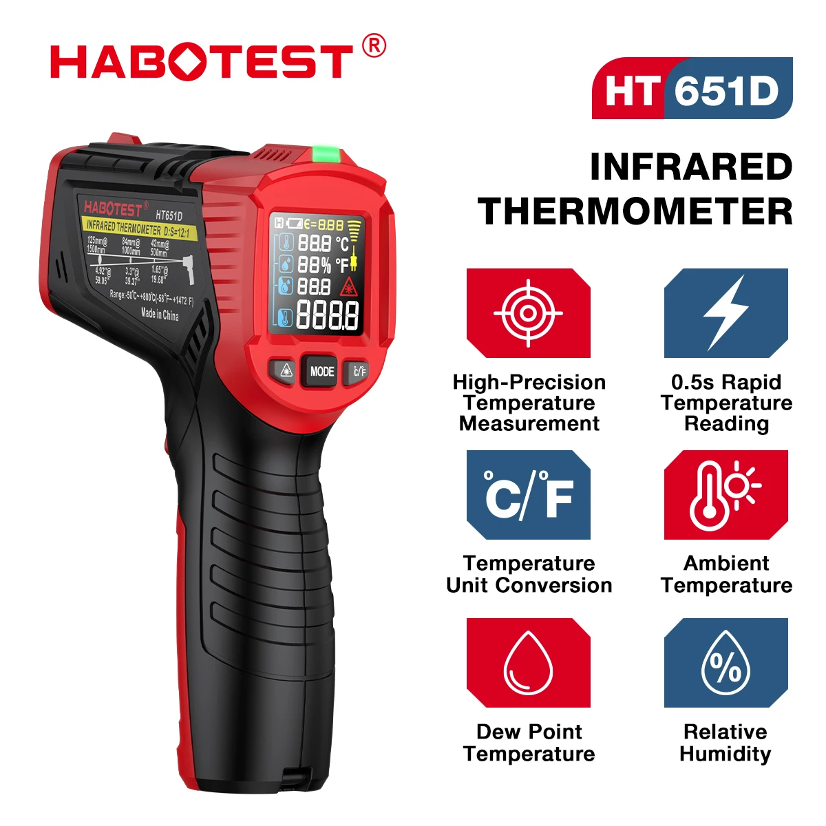 HABOTEST Infrared Thermometer HT651D, laser temperature meter non contact industrial infrared laser temperature meter 50 to 800℃
