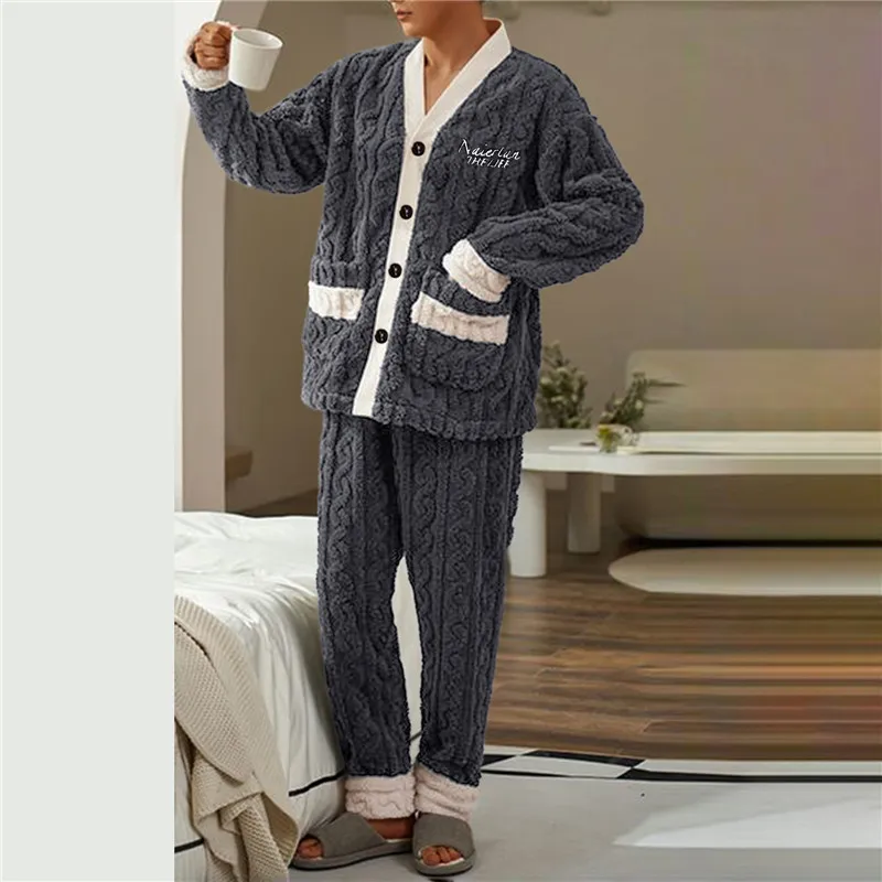 New Men's Warm Pajama Sets Autumn Winter Thick 2 Piece Set Flannel Sleepwear Loose Long Sleeve Solid Homewear Home Clothes Sets