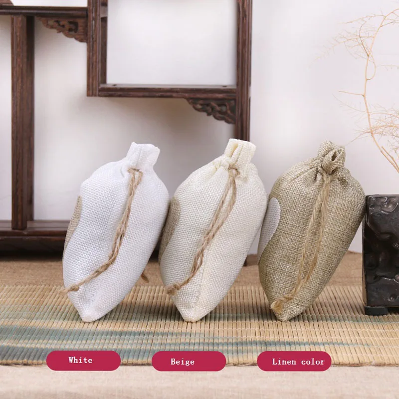 50pcs/Lot Heart-shaped Resuable Jute Linen Pouches Drawstring Storage Bag Jewelry Christmas Gift Packaging Bags Custom Logo