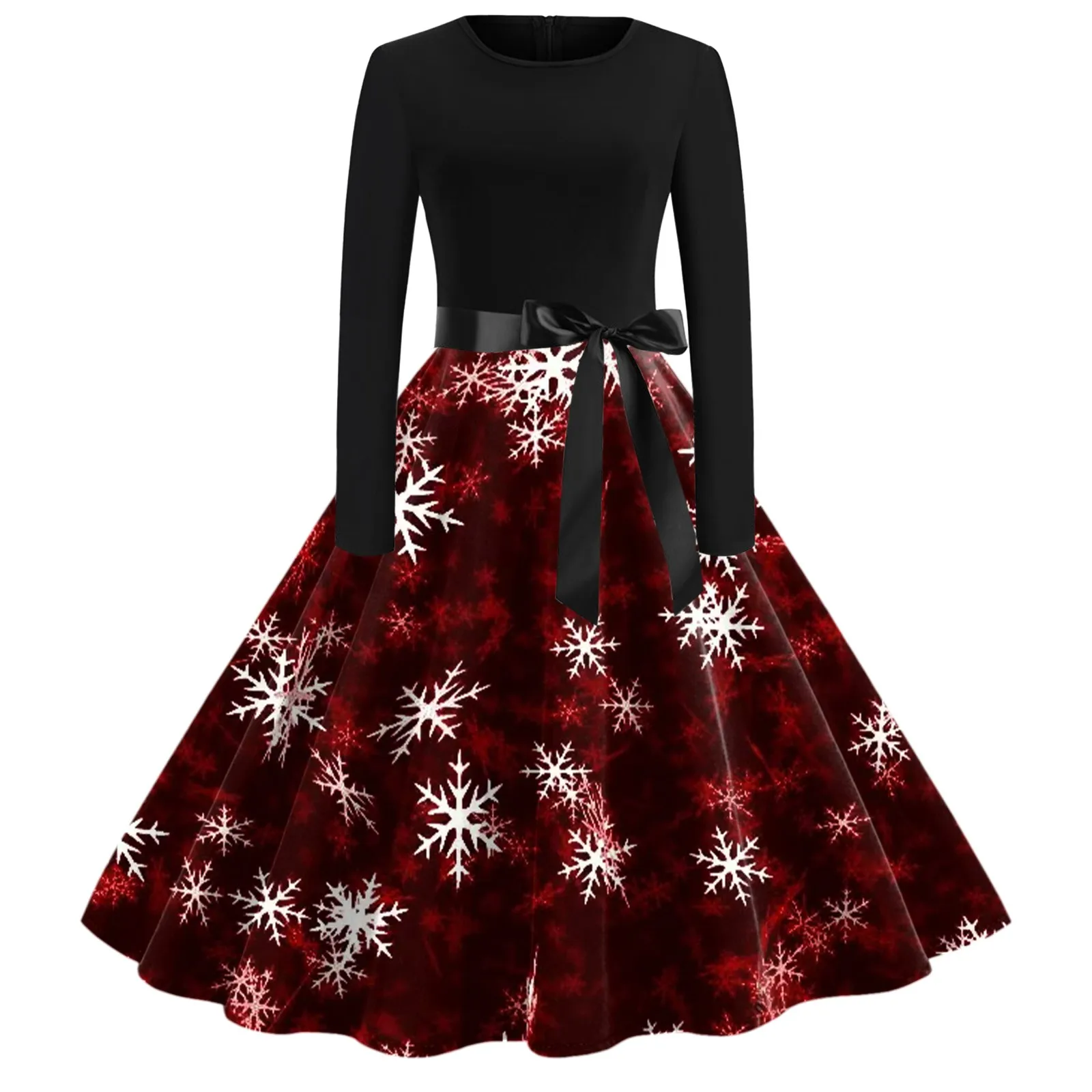 

Christmas Print Dresses For Women Long Sleeve Round Neck Big Swing Dress Xmas Mid-length Elegance Slim Fit Vestdios With Belt