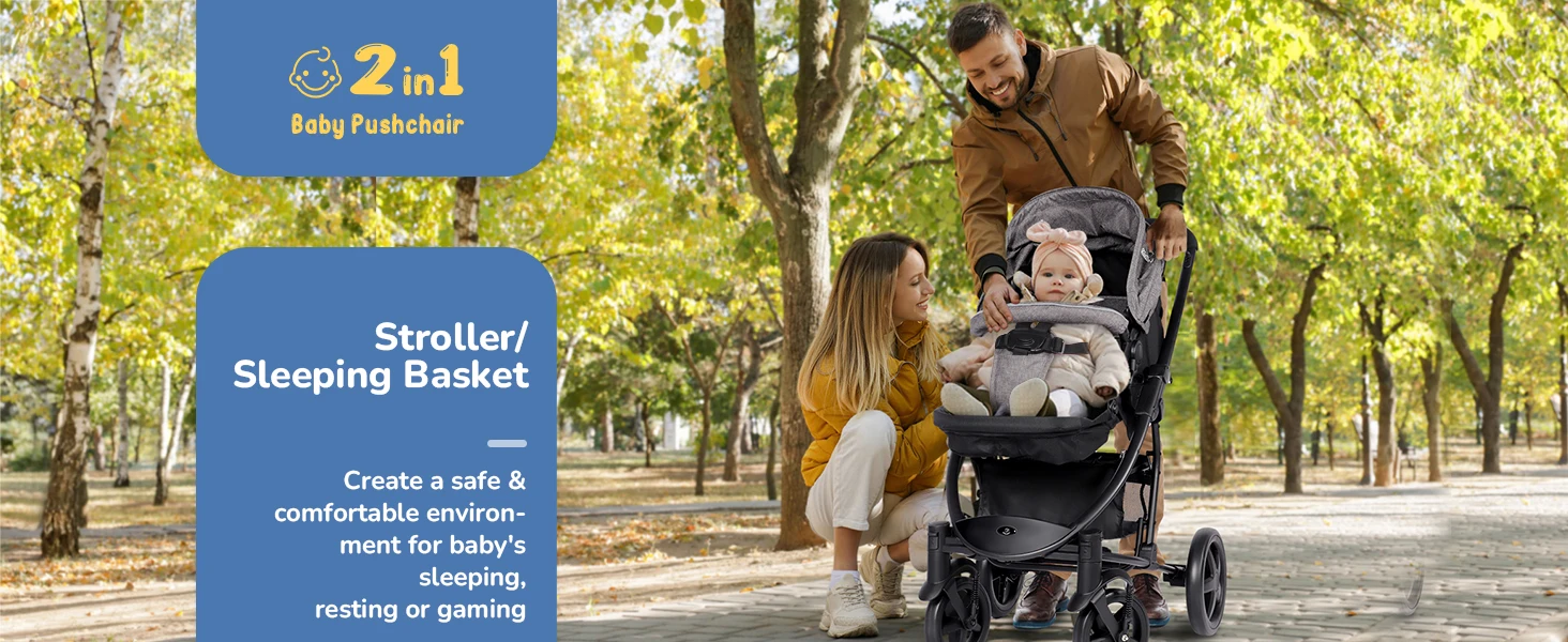 2-in-1 Pram and Travel System, Reversible Foldable Baby Pushchair with Convertible Seat/