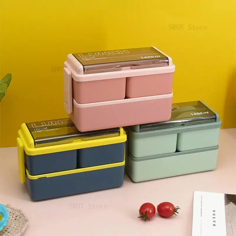 

Double Layer Portable Lunch Box For Kids With Fork and Spoon Microwave Bento Boxes Dinnerware Set Food Storage Container