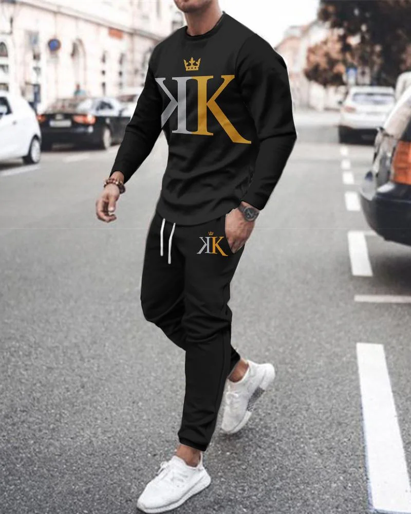 2022 Spring and Summer Men's 2-Piece Sports Suit Retro Men's O-neck Plus Size T-shirt Long-sleeved Set Casual Street Clothing men's outfit sets