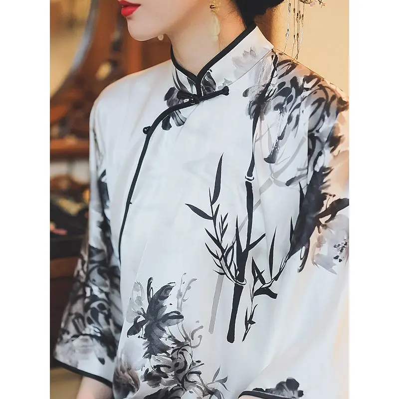 

Chinese Style Womens Ink Printing Shirts 2023 Spring Summer Silky Traditional Blouse Female Vintage Tops Women Clothing