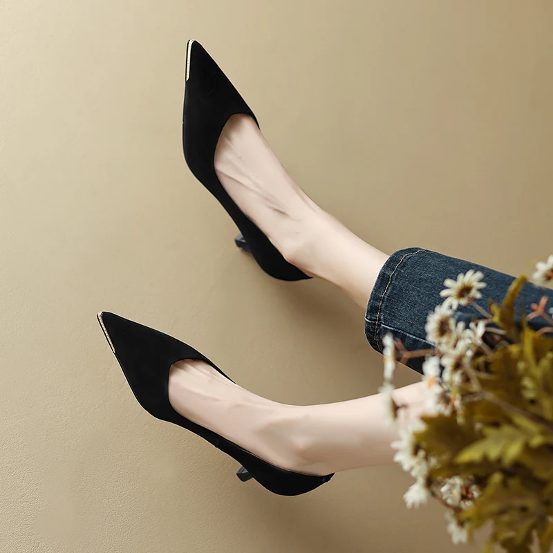 

2023 new spring women pumps natural leather 22-25cm length Suede+pigskin shoes of women fashion Pointed toe women high heels