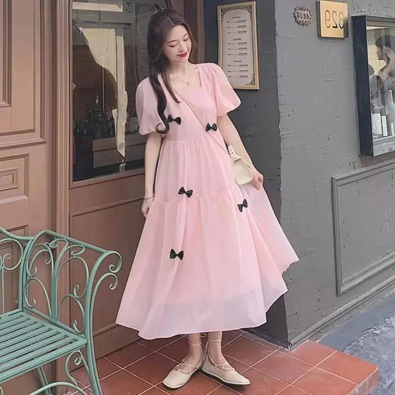 Puff Sleeve Bow Mesh Long Dress（wz）