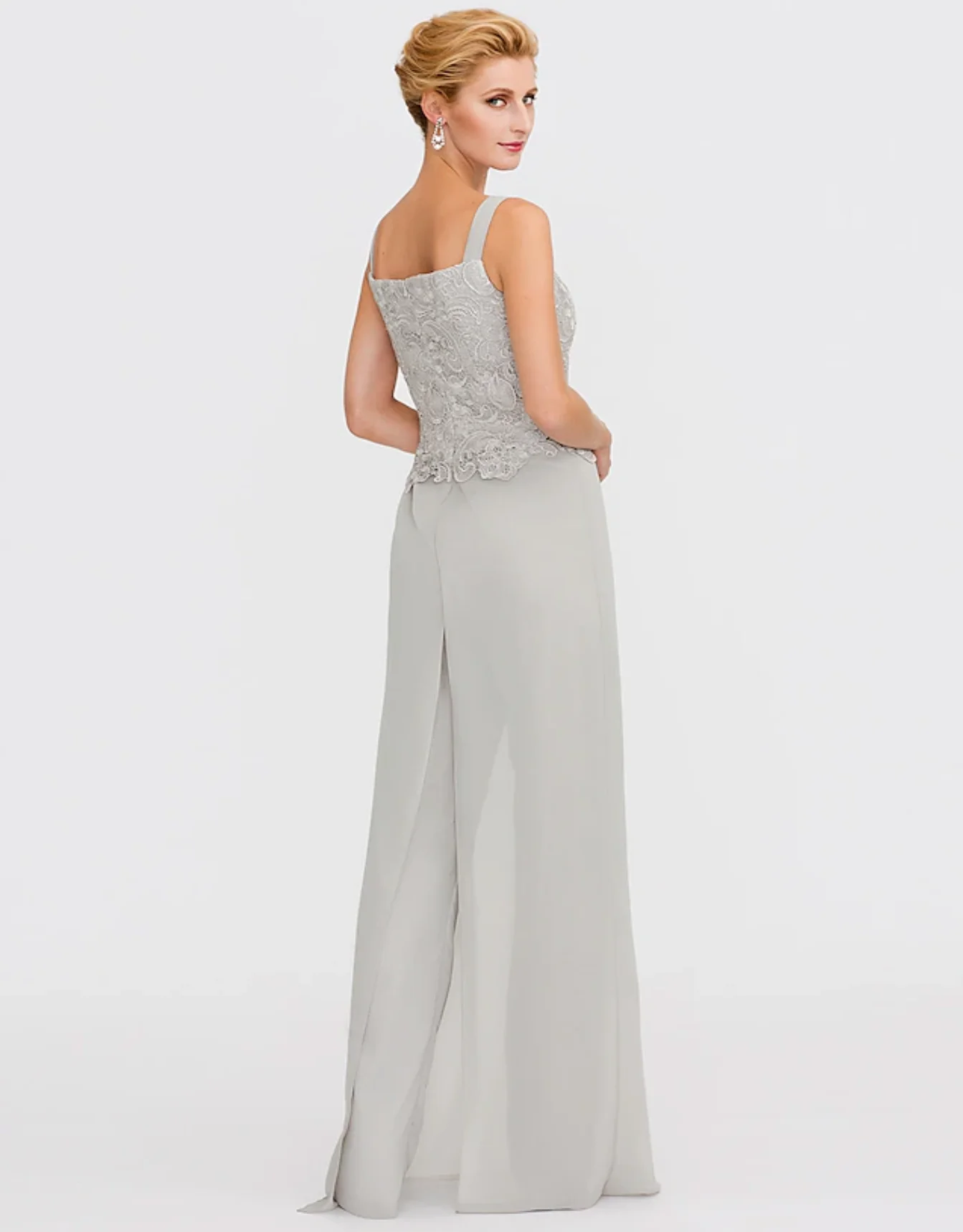 Pantsuit 3 Piece Mother of the Bride Dress Formal Fall Wedding Guest Dresses Square Neck Floor Length Chiffon Lace Wrap