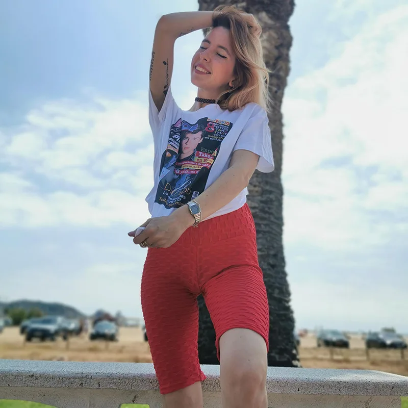 Hot new sexy fashion jacquard leggings yoga fitness sports five-point anti cellulite shorts for women