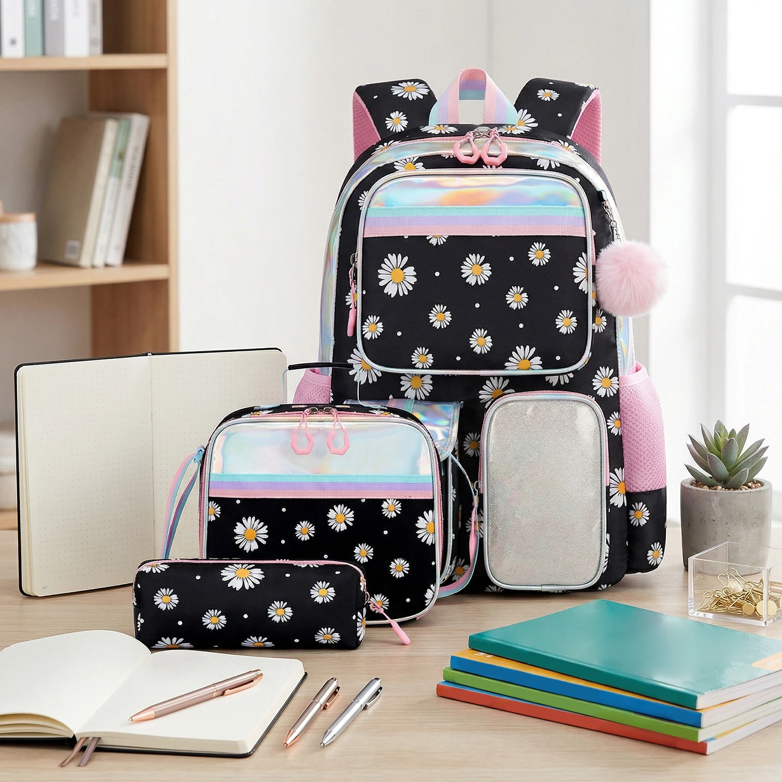 Womens Daisy Stylish Daypack with Lunch Bag Pencil Case School Backpack for Teens Boys Girls Youth Travel Vacation 1