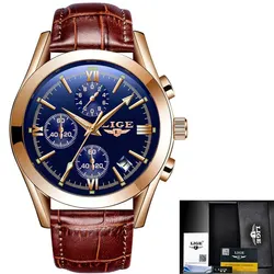 Luxury Men's Quartz Chronograph Watch with Premium Leather Strap - Waterproof Military Sport Design (Gold blue)