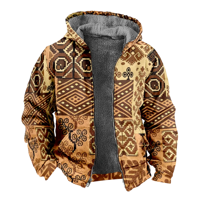 New National Totem Cotton Coat Hooded Sweater Casual Printed Men's Fur Loop Arctic Velvet Zipper Patch Pocket Hooded Sweater
