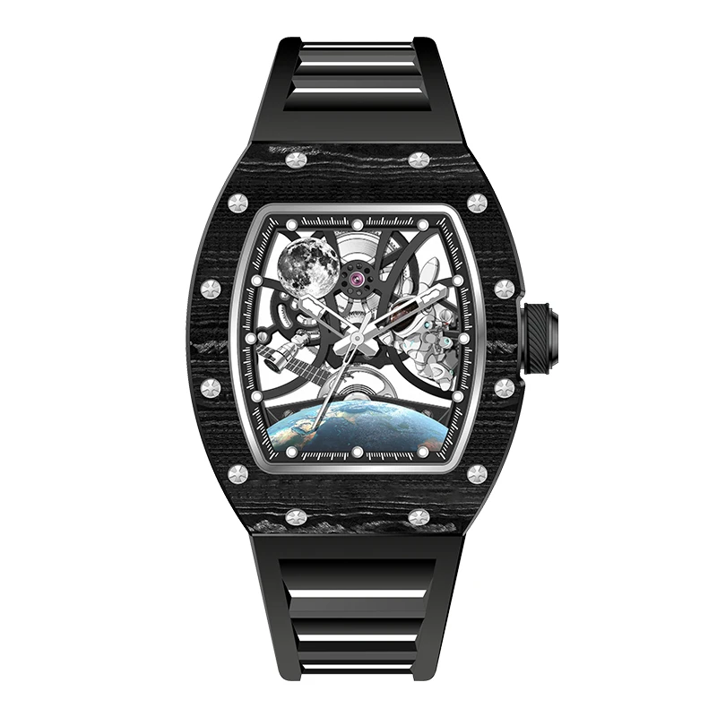 Orologio Meccanico Automatico Uomo – Quadrato Grande 53mm, Cinturino In Silicone, Design Scheletrato - 3