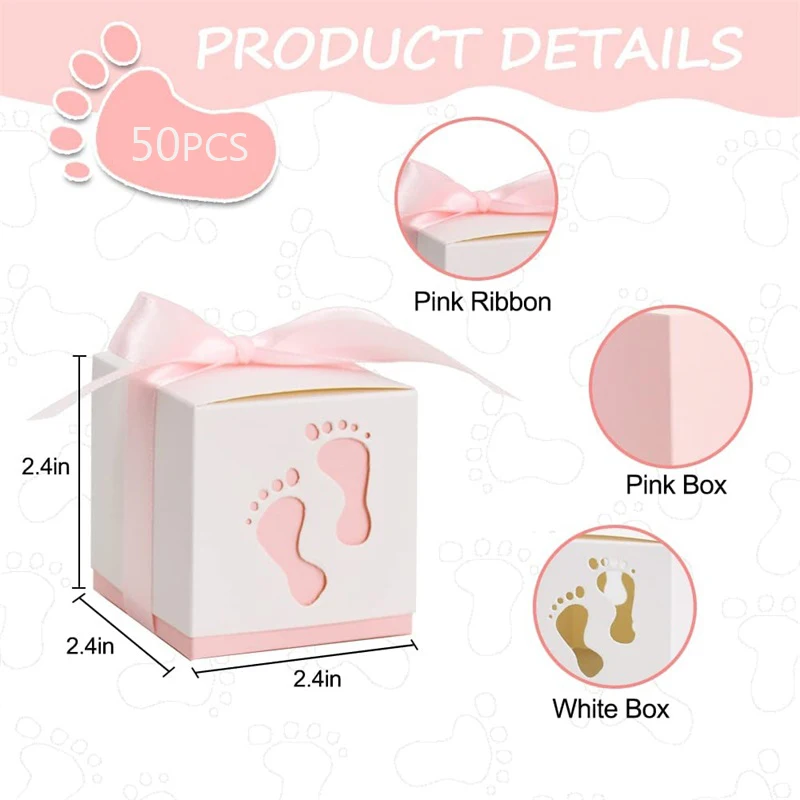 Cajas De Dulces Para Boda O Baby Shower - 50 Unidades, Papel Con Diseño Huella Bebé, Incluyen Cintas, Color Rosa