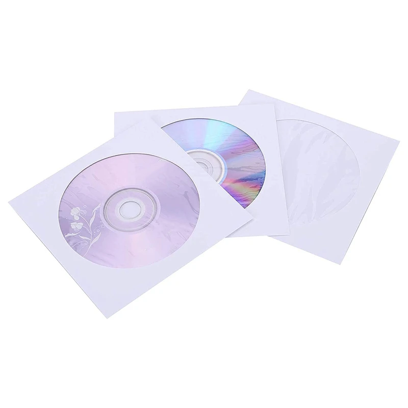 CD DVD 슬리브, CD 미디어 용지 봉투 슬리브, 투명 창 닫기 플랩, 흰색, 100 팩 거치대